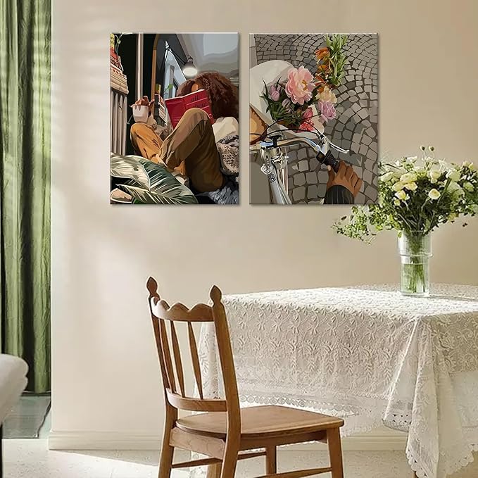 Modern African American Women Wall Art Set of 2,Cozy Reading & Bike Ride with Flowers Painting Canvas Prints,black woman Vintage Aesthetic Poster for Living Room, Bedroom, Office， Framed 16X24in