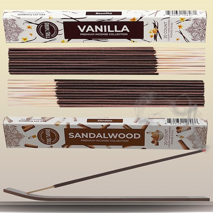 Trumiri Incense Sticks - Combo Pack of 40 Insence-Sticks - 20 Vanilla + 20 Sandalwood - Insenses - Insents - Incents - Inscense - Incence - Incienso - All Natural Incense Sticks