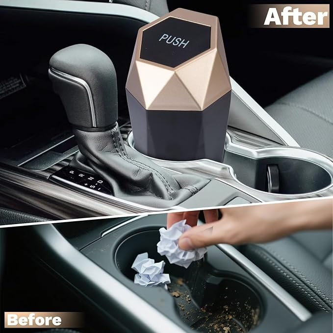 Car Trash Can, Car Trash Bin with Lid, Car Accessories for Women Interior, Car Garbage Can with Additional 2 ABS Hooks and 60pcs Trash Bags, Suitable for Home, Office, Car Organizer, Gold