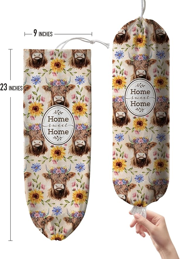 Hglian Plastic Bag Holder Retro Highland Cow and Flowers Grocery Bag Holder Storage Organizer Extra Large