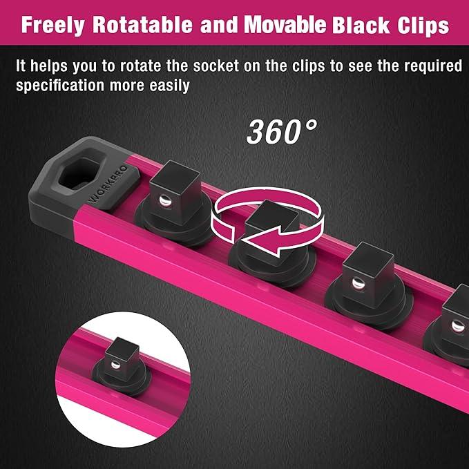 WORKPRO Magnetic Socket Organizer, 3/8-Inch Drive Aluminum Alloy Socket Rail, Heavy Duty Socket Holder, Socket Rack Kit 3/8-Inch x 10 Clips Rose Red (Socket not Included)