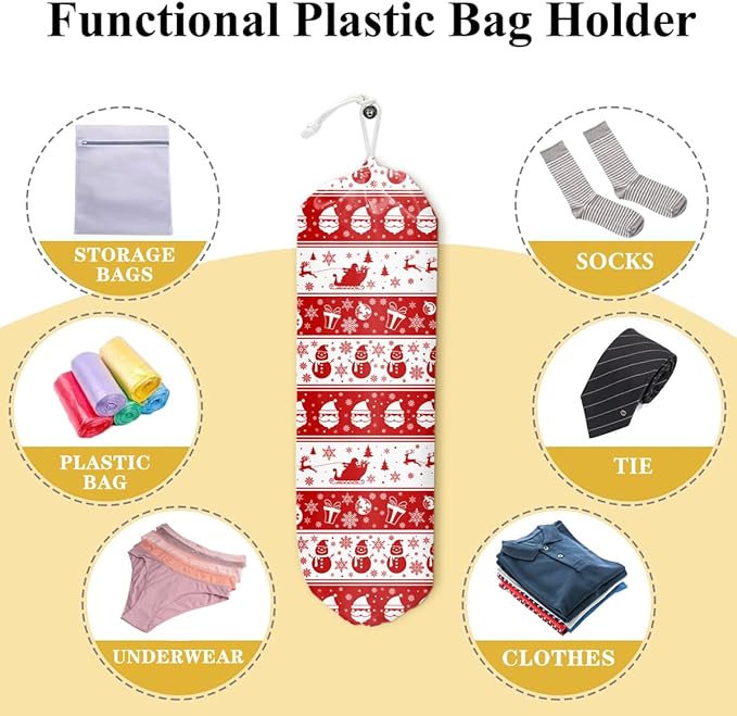Red Grocery Bag Holder and Dispenser Christmas Snowman Santa Claus Elk Gift Snowflakes Pattern Plastic Bags Organizer Garbage Shopping Trash Bags Storage for Kitchen Home