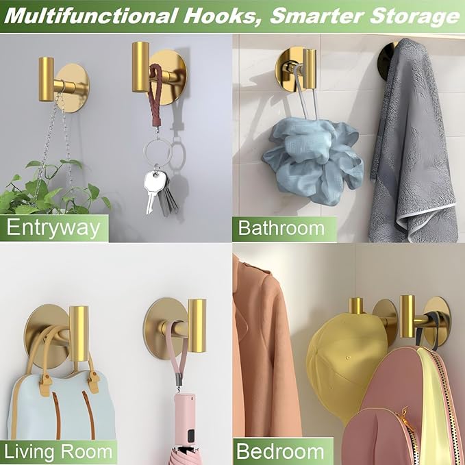 VINHOLD Gold Stainless Steel Wall Hooks, Heavy Duty Self-Adhesive Hooks for Coats, Towels, Robes, Hats, Aprons – No Drill Bathroom, Kitchen, Hotel (2 Pack)