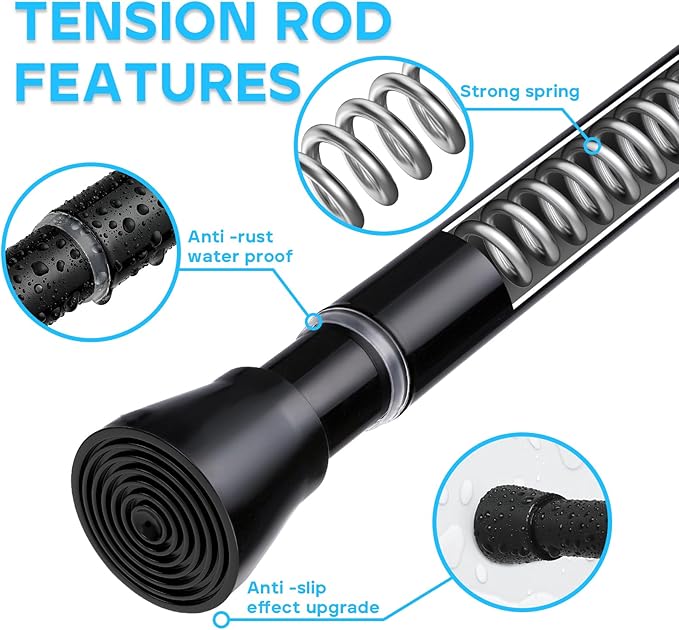 Black Shower Curtain Rod 43 To 73 Inch Tension Shower Rod For Bathroom 7/8" Adjustable Spring Curtain Rod No Drilling Spring Curtain Rod Black Tension Curtain Rods for Windows Doorway Closet