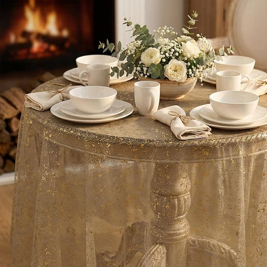 Horaldaily Coffee Gold Gauze Tablecloth 60x60 Inch Round, Golden Sequin Glitter Metallic Foil, Sheer Tulle Cheesecloth for Wedding Baby Shower Ceremony Birthday