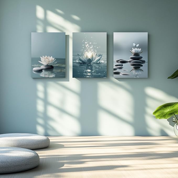GELDSTEI Calm Zen Botanical Canvas Wall Art, White Lotus Blooming on Stones in Water Aesthetic Pictures, Yoga Spa Meditation Room Decor, Modern Spiritual Poster Prints for Zen Office Framed 16"x24"x3