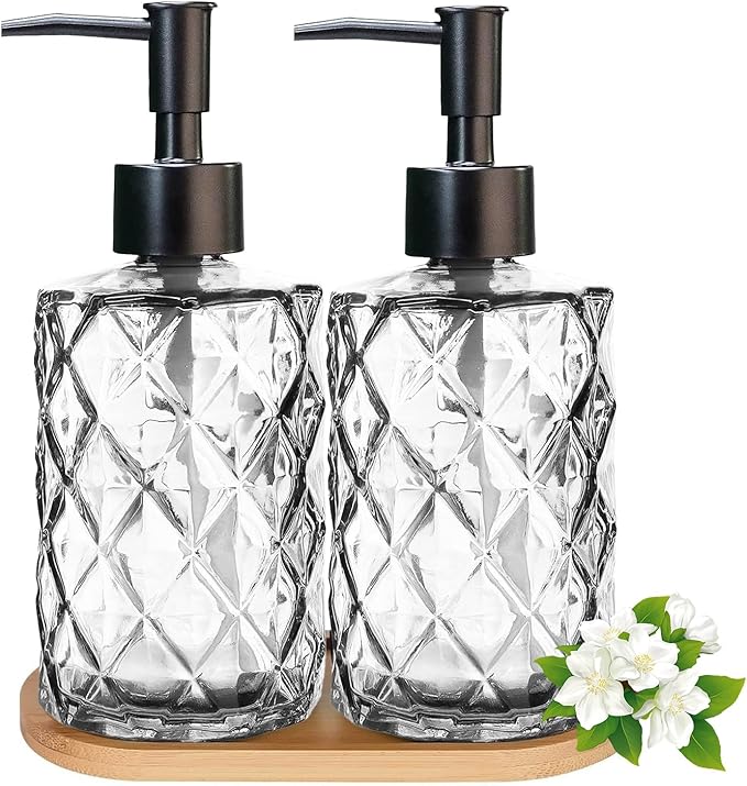 Glass Hand and Dish Soap Dispenser Set of 2 with Plastic Pumps, Bamboo Tray, 12oz Clear Bathroom Soap Dispenser with Diamond for Hand Wash & Dish Wash, Ideal for Bathroom Kitchen Countertop