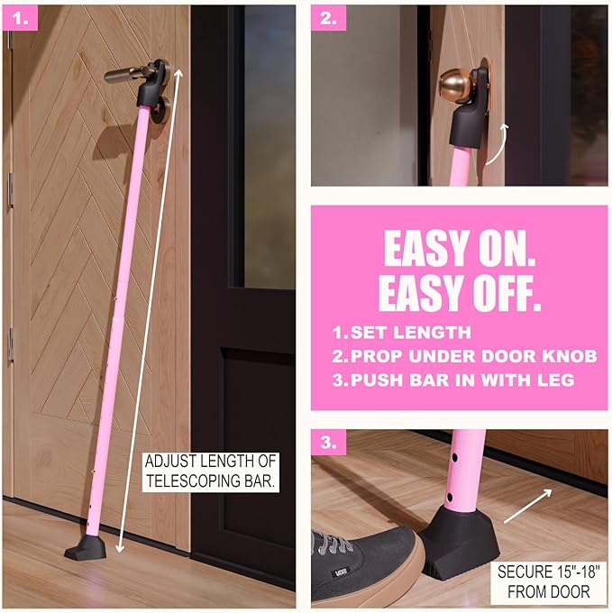 SECURITYMAN 3-in-1 Door Security Bar & Sliding Door Security Bar - Withstands 400lbs of Force - Door Jammer Constructed of High Grade Iron - Pink Door Stoppers - Patio, Window, Hinged Doors