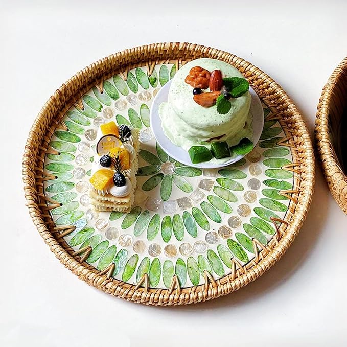 Handmade Round Rattan Tray with Mother of Pearl Inlay, Rattan Serving Tray with Wooden Base, Table Decoration with Wicker Baskets, for Storing and Displaying Bread, Fruit, Desserts (Green Grape)
