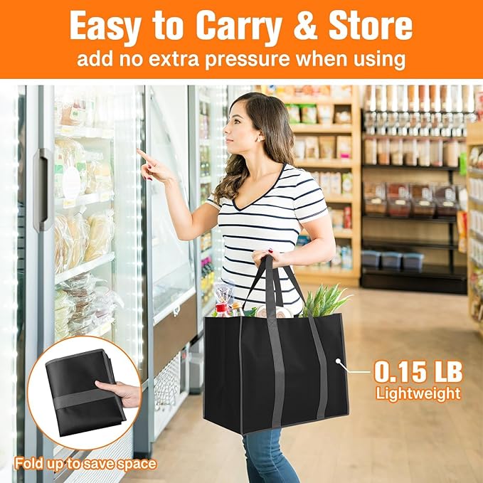 WISELIFE Reusable Grocery Bags with Handles - 10 Pack, 35L Large Shopping Bags for Groceries, Water-Resistant & Foldable Grocery Totes for Lasting Use for Kitchen, Market, Car Trunk, Picnic (Black)