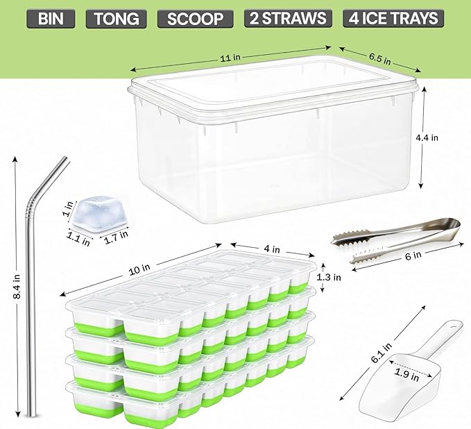 56pcs Ice Cube Tray with Lid and Bin – Stackable 4 Trays Silicone Plastic Freezer Mold, Large Ice Bucket with Scoop, Tong & 2 SS Straws – Easy Release Ice Maker for Cocktail, Coffee, RV, Whiskey