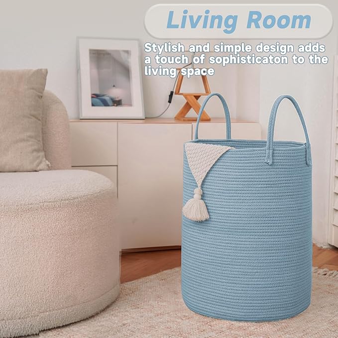 Large Woven Laundry Basket Hamper, 80L Cotton Rope Storage Bin for Blankets, Toys, and Clothes, Decorative Tall Nursery Hamper for Living Room, Baby Nursery, Bathroom, and Bedroom, Blue
