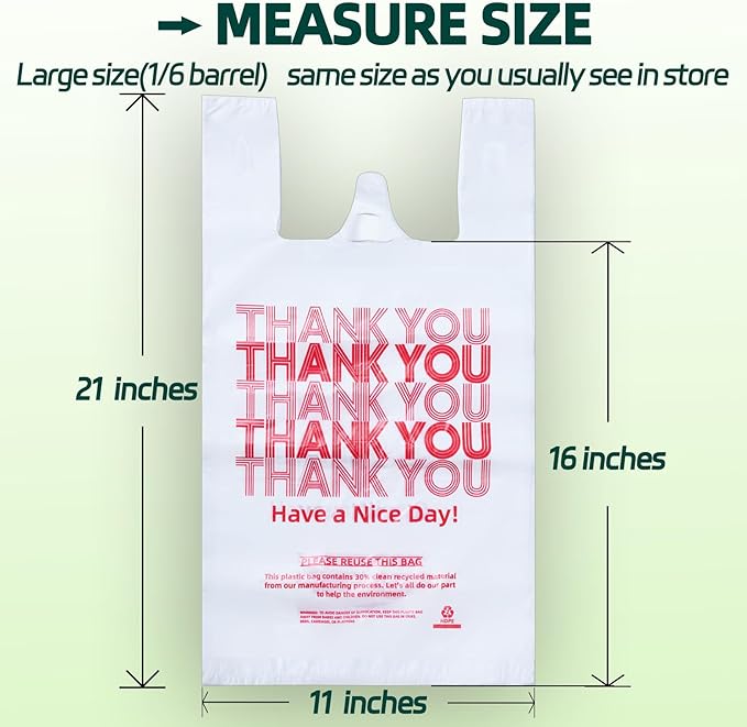 2000 Count Plastic Bags with Handles, T-Shirt bags, Thank You bags, Grocery bag, Shopping bag, |for Store, Supermarket, Retail, Carry, Pack|, White, 1/6 Barrel, Large Size 11"x6"x21"