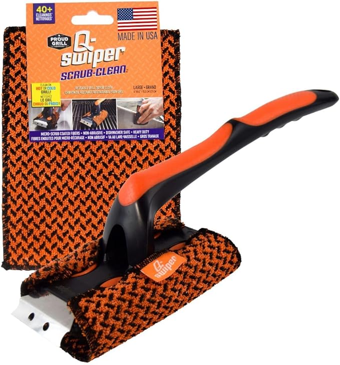 Proud Grill Q-Swiper XL Scrub-Clean BBQ Grill Cleaner Set - Long Bristle-Free Brush with Scraper & Scrub-Clean Reusable Cleaning Cloth, Grease & Grime Remover, Barbecue Cleaner for Outdoor Grilling