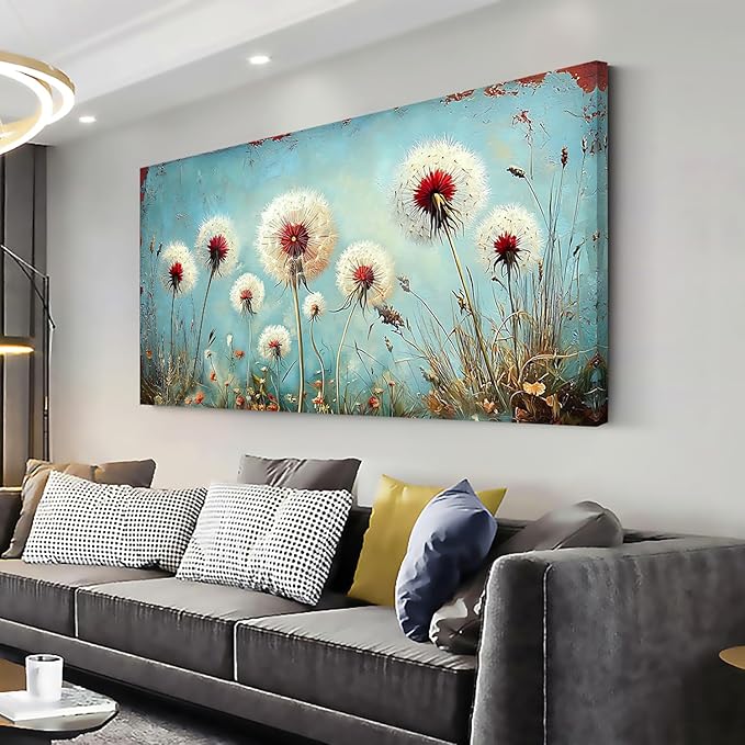 ZESTRILIA Dandelions Wall Art Retro Canvas Prints Modern Rustic Canvas Paintings Waterproof Artwork Landscape Picture for Country Farmhouse Living Room Bedroom Home Office Kitchen Décor (23x46inch)