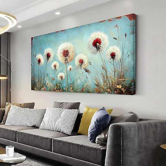 ZESTRILIA Dandelions Wall Art Retro Canvas Prints Modern Rustic Canvas Paintings Waterproof Artwork Landscape Picture for Country Farmhouse Living Room Bedroom Home Office Kitchen Décor (23x46inch)