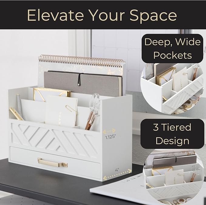 BLU MONACO | White Wooden Desk Organizer & Mail Organizer with Drawer & Gold Handle | Mail Sorter Countertop | 6 Compartments | White Desktop Organizer for Desk
