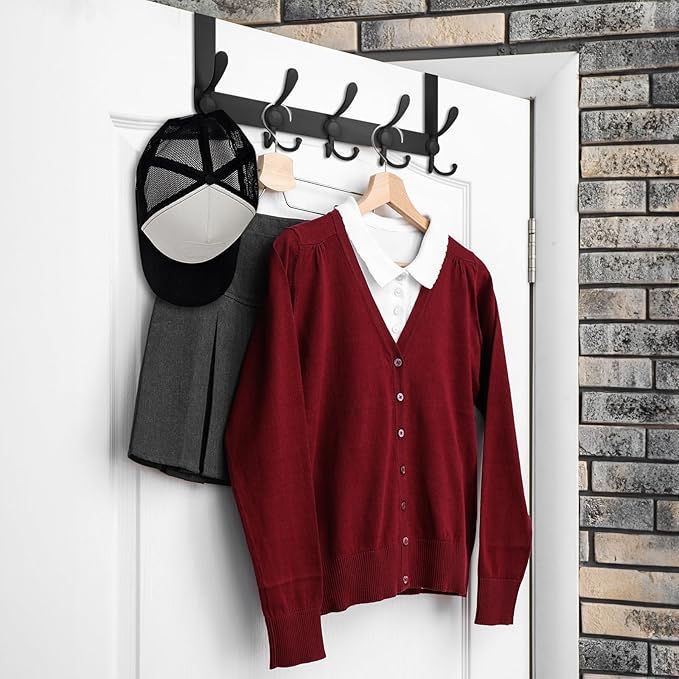TICONN Over The Door Hooks, 5 Heavy Duty Tri Coat Rack All Metal Coat Hanger for Bathroom Bedroom Dorm (Matte Black, 2PK, Fit 1-3/8" Doors)
