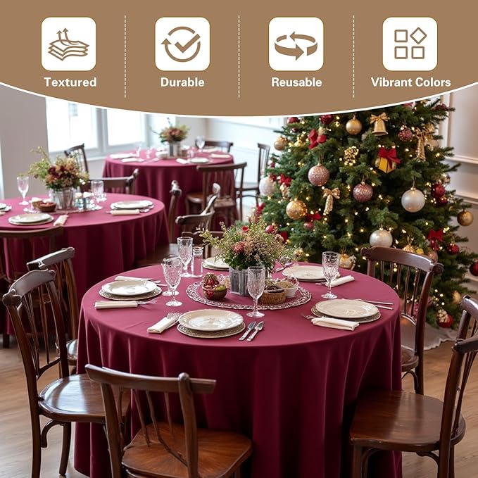 sancua Round Tablecloth 108 Inch Diameter, 6 Pack Burgundy - Circle Polyester Fabric Table Cloth for Chiristmas Party Reception Banquet Birthday, Washable Formal Table Cover (Fit 42-96 Inch Tables)