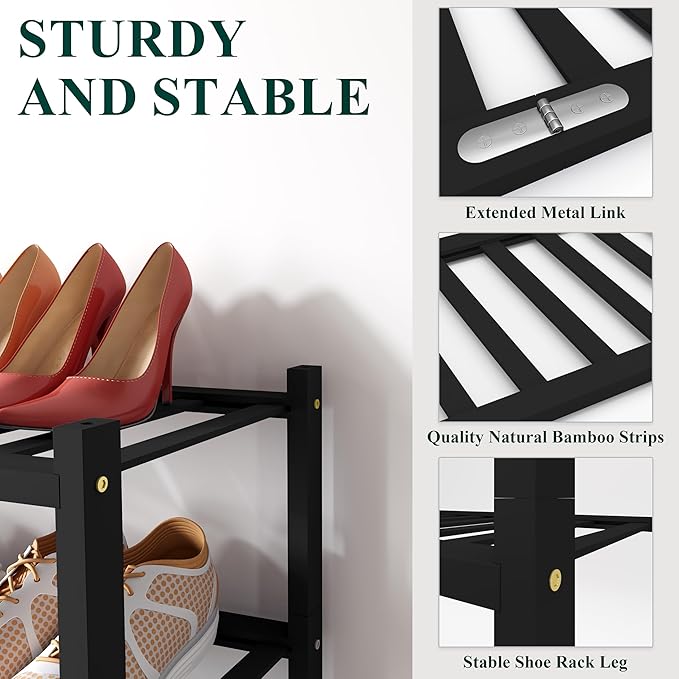 Smiry Bamboo Shoe Rack for Closet, 3 Tier Long Wooden Stackable Shoe Organizer, Free Standing Shoes Storage Shelf for Entryway, Front Door Entrance, Black