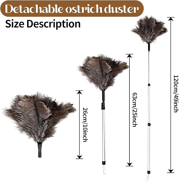 Daieeparty Extendable Ostrich Feather Duster up to 25-49 inches Fluffy Feathers Long Handle Reusable for Cleaning Ceiling Fan Pendant lamp Feather Duster 1pcs