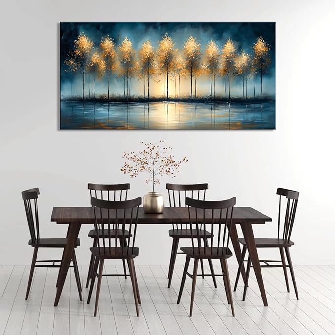 ZESTRILIA Golden Trees Wall Art Impression Canvas Abstract Sunset Oil Painting Reproduction Print Artwork Landscape Picture for Living Room Bedroom Home Office Kitchen Décor (28x58inch)