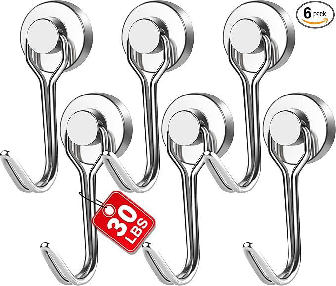 E BAVITE Swivel Swing Magnetic Hooks New Upgraded, 30LB（6pack） Refrigerator Magnet Hook Strong Neodymium Magnets, Perfect for Refrigerator and Other Surfaces,60mm(2.36in) in