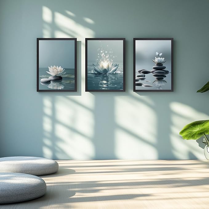 GELDSTEI Calm Zen Botanical Canvas Wall Art, White Lotus Blooming on Stones in Water Aesthetic Pictures, Yoga Spa Meditation Room Decor, Modern Spiritual Poster Prints for Zen Wood Framed 16"x24"x3