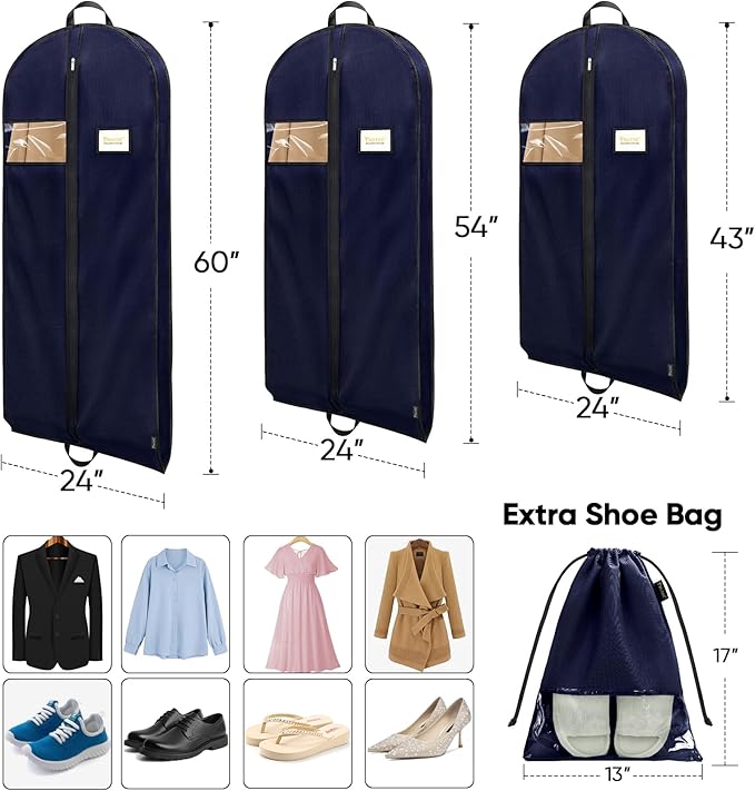 BALEINE 2PK Heavy Duty Garment Bag with Shoe Storage Travel Bag for Dresses, Suit, Coats Travel Essential (54", Blue)