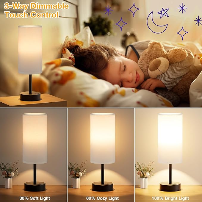 White Touch Table Lamp with USB - 3 Way Dimmable Bedside Lamp for Nightstand, Bedroom Lamp with Black Charging Station for Desk, Office, Kids Room, Dorm, Small