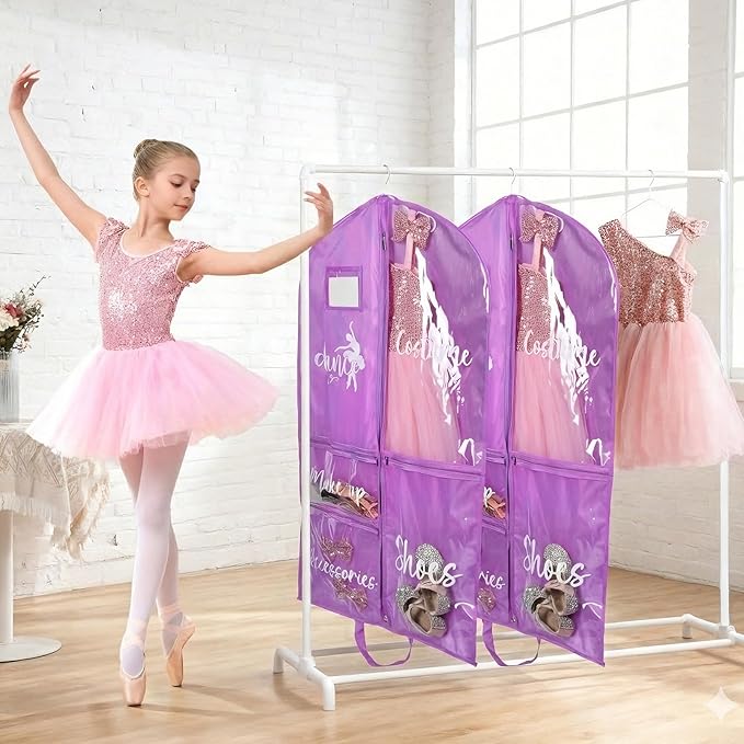 DEEKA Dance Garment Bag for Hanging Clothes with Zipper Pockets Dance Accessories Essentials Uniform Costume 40 Inch Dress Bags for Dance Competition Girls (Purple, White-Dance)