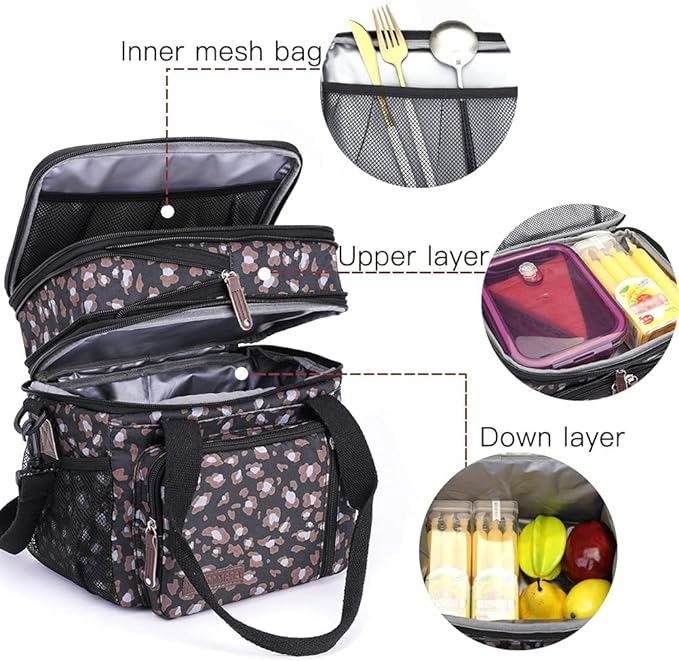 MOV COMPRA Leopard Lunch Bags for Women, Expandable Large Lunch Box, Leakproof Double Deck Lunch Box Cooler Tote Bag with Removable Shoulder Strap (Leopard Print)