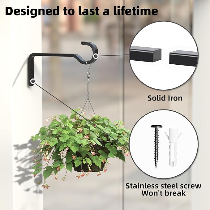 saffruff Heavy Duty Plant Hooks for Wall: 6-Inch 2 Pack Plant Hangers Outdoor, Hold 35lb, Bird Feeder Hanger for Outside, Iron Planter Brackets for Hanging Baskets, Wind Chime, Lantern, Metal - Black