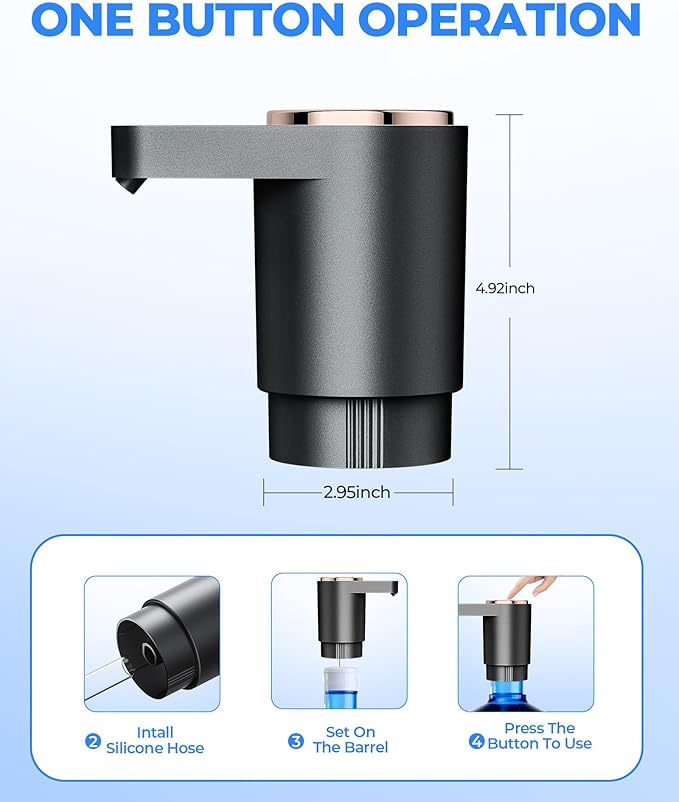 Water Bottle Pump, Portable Electric Water Dispenser Pump for 5 Gallon Bottles - USB Charging, Automatic Switch, Rechargeable Battery for Home Kitchen Room Camping, Black