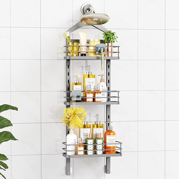 ODesign 3 Tier Height-Adjustable Shower Caddy, Hanging Anti-Swing Over-The-Shower-Head Caddy, Shower Storage Organizer Bathroom Shelves Basket Caddies, Grey