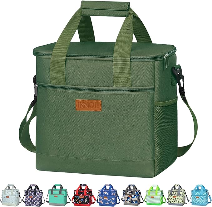 Iknoe Large Cooler Bag Collapsible 24 Can Insulated Bags Leakproof Lunch Cooler Tote with Multi-Pockets for Adult Insulated Thermal Bag for Beach, Picnic, Office Work (Military Green)
