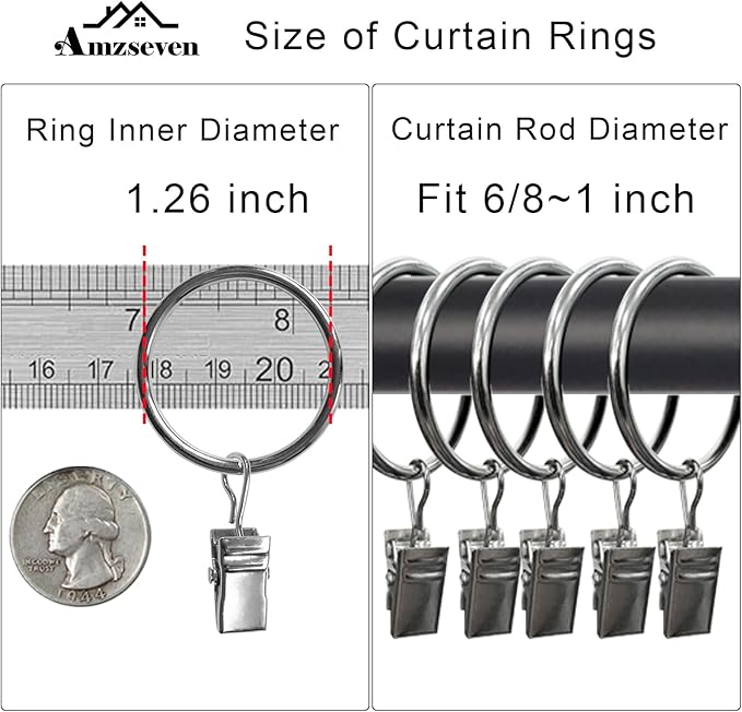 40 Pack Curtain Rings with Clips, Drapery Clips with Rings, Drapes Rings 1.26 in Interior Diameter, Fits up to 1 Inch Curtain Rod, Silver