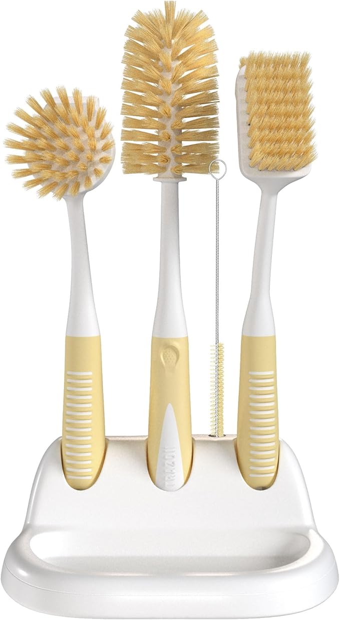 Dish Brush Set of 5 with Holder - Kitchen Scrub Brushes with Non-Slip Long Handle for Cleaning, Scrubber, Dishwashing, Dishes, Bottles, Straws, Cups, Pots & Sink, Beige