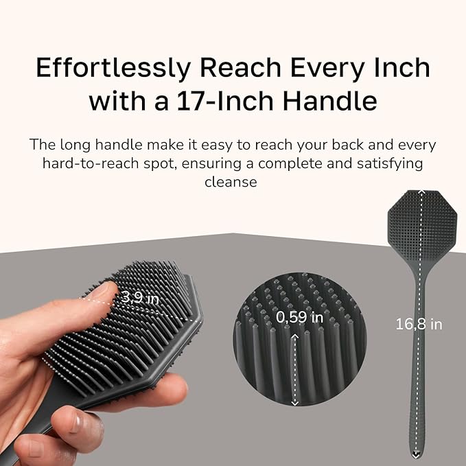 Silicone Back Scrubber with Long Handle - Octagon Body Brush for Shower, Bath, and Exfoliating - Skin Cleansing, Back Scrub and Gentle Silicone Sponge - Wash Your Body with Easy Reach - Silver