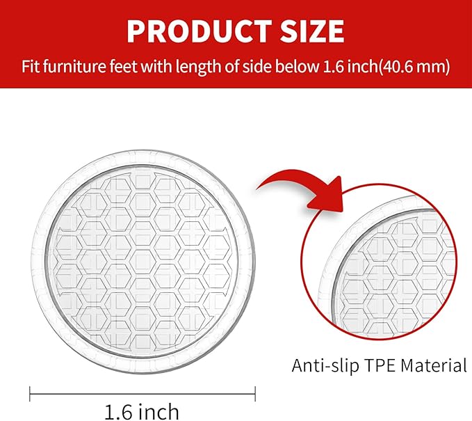 Ezprotekt Non Slip Furniture Pads, 16 Pcs 1.6" Anti Skid Rubber Caster Cups, Round Furniture Coasters for Hardwood Floors, Anti-Slip Furniture Grippers, Furniture Stoppers to Prevent Sliding (Clear)