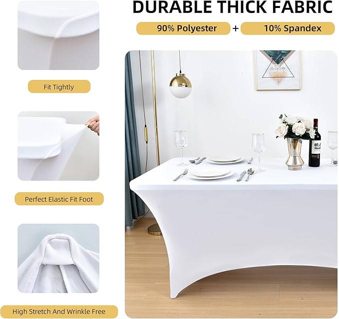 ZarzaaSik 2-Pack 4ft White Spandex Table Covers for Rectangular Folding Tables - Wrinkle Resistant Stretch Tight Table Cloths - Ultimate Fitted Table Protector for Parties, Banquet, and Wedding
