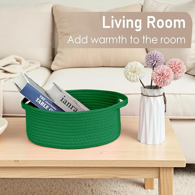 Woven Basket,Small Rope Storage Bin with Handles & Ribbon Bag, Organizer for Shelves Closets,Gift Basket Empty for Birthday,Books,Dog Toys, Green/2 Pack