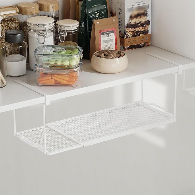 ROLIZOE 1 Pack Expandable Under Cabinet Shelf, Under Shelf Basket with 0.94 Inches Thick Clips for Kitchen Cupboard, Metal Hanging Under Desk Basket for Laundry Room, Cabinet, Shoe Rack