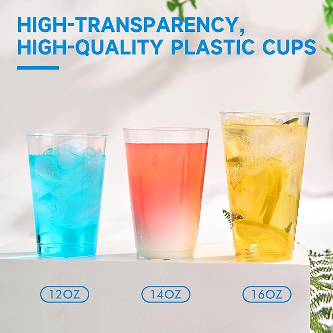 RACETOP 16 oz 100 Pack Disposable Plastic Cups, Disposable Clear Plastic Cups for Parties, Weddings, Gatherings, and Festival Events