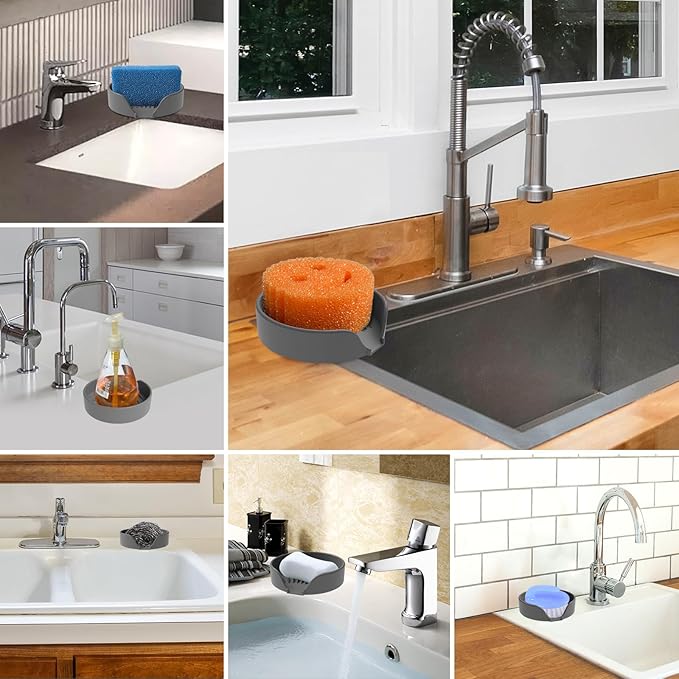 Sponge Holder for Scrub Daddy with Suction Cups and Drain Spout Kitchen Sink Caddy Organizer, Soap Dishes Holder Accessories Rack, Dishwasher Safe - 4.7"x4.7", Dark Gray