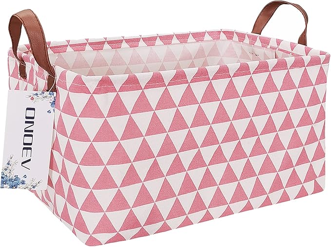 Rectangular Fabric Storage Box, Decorative Basket and Finishing Basket with Handle are Used for The Storage of Clothes, Books and Sundries (Pink Triangle) 1