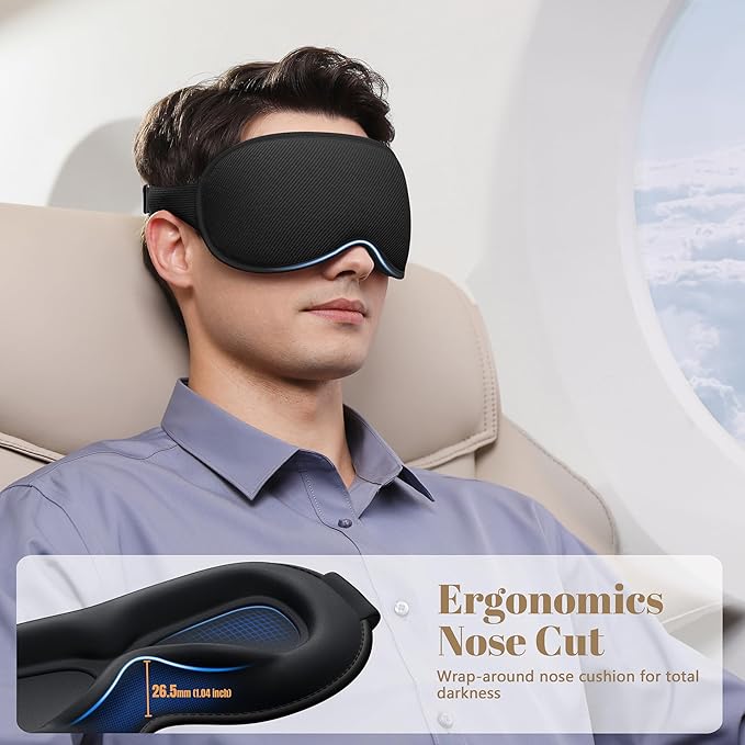 Sleep Mask for Men Women - 100% Blackout Eye Masks for Sleep, Zero Pressure 3D Sleeping Mask, Adjustable Light Blocking Eye Cover Blindfold for Travel, Nap, Night Work, Office - Black