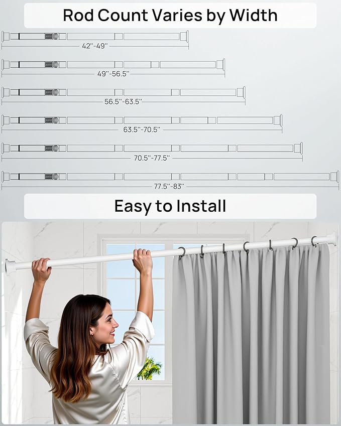 ALLZONE Shower Curtain Rod Tension No Drill, 42-83 Inches, Heavy Duty Tension Curtain Rod, Rustproof Shower Rods for Bathroom, Adjustable Spring Tension Rods for Windows, White