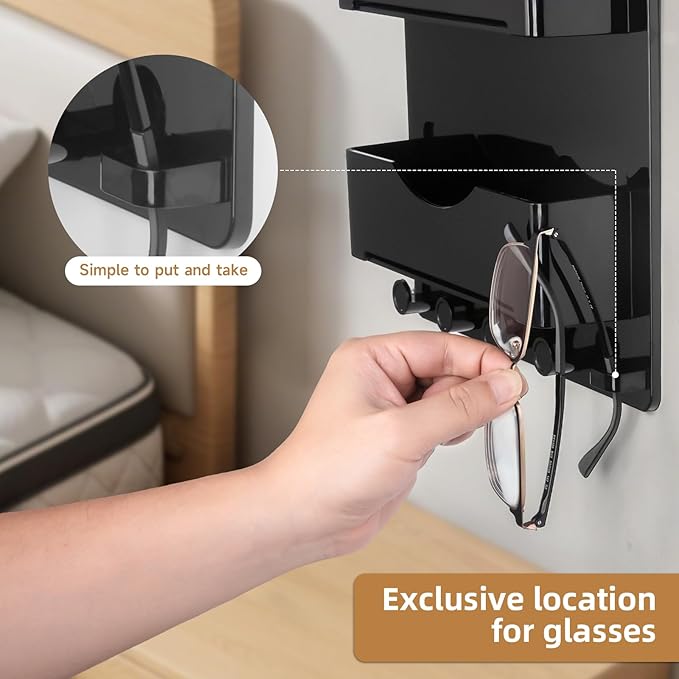 JUMEIHUI Bedside Wall Shelf with Glasses Hooks ，Adhesive Bedside Organizer Wall Mount for Dorm and Room Accessories Phone，Remote，Earphone， Kindle (Black)