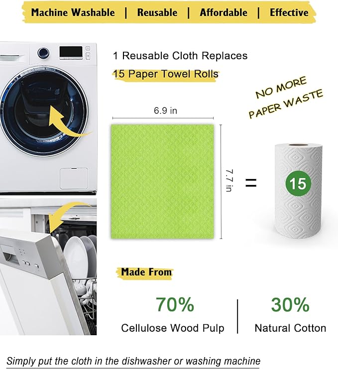 MoLKENE Swedish Dishcloths for Kitchen | 6 Pack Absorbent Cellulose Sponge Cloths Washable | Non-Scratch Reusable Paper Towels Quick Drying Cleaning Cloths - Lime Green